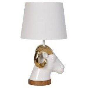 White & Gold Ceramic horned Ram head table lamp WITHOUT shade 14" Tall